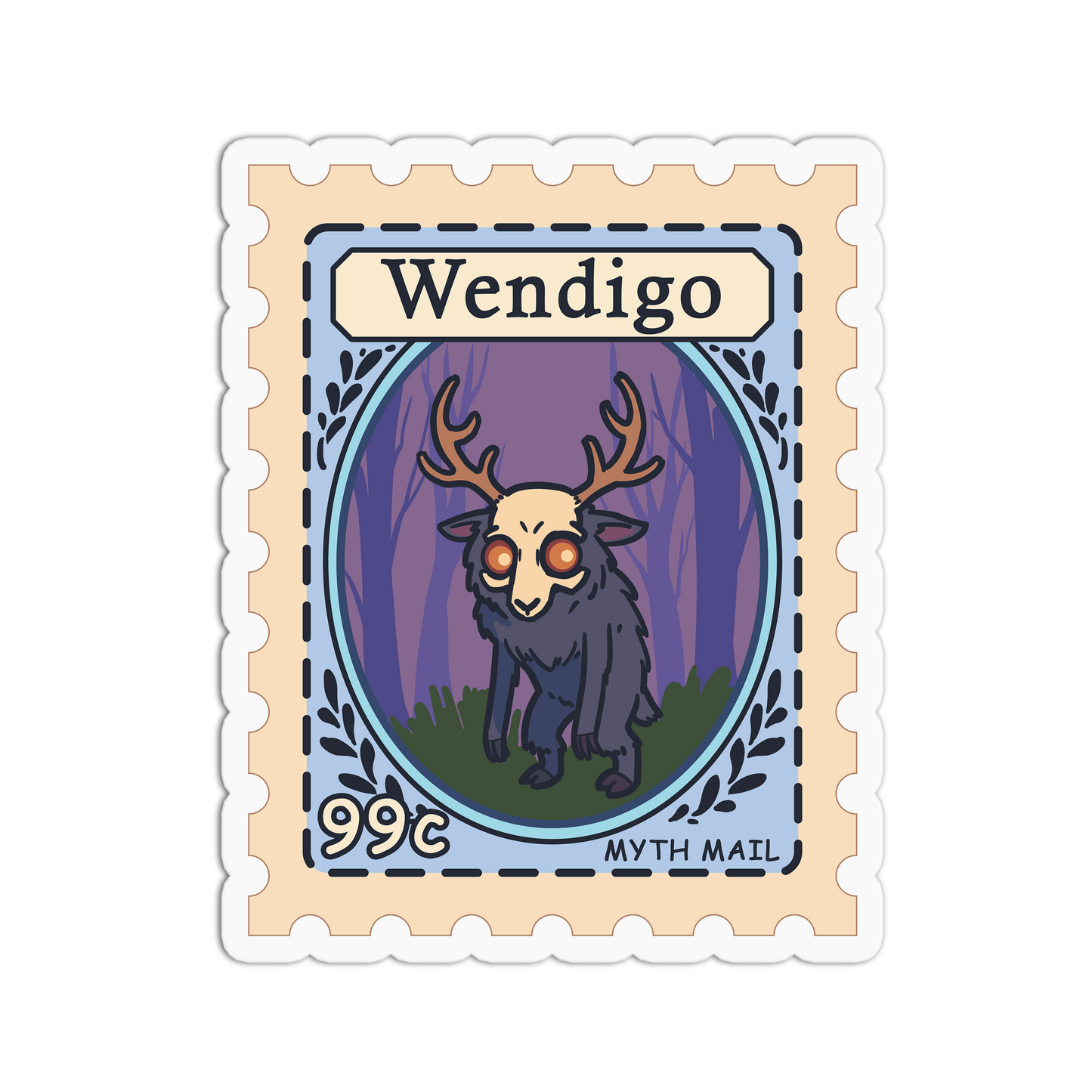 Stylized postage stamp featuring a Wendigo with a purple background