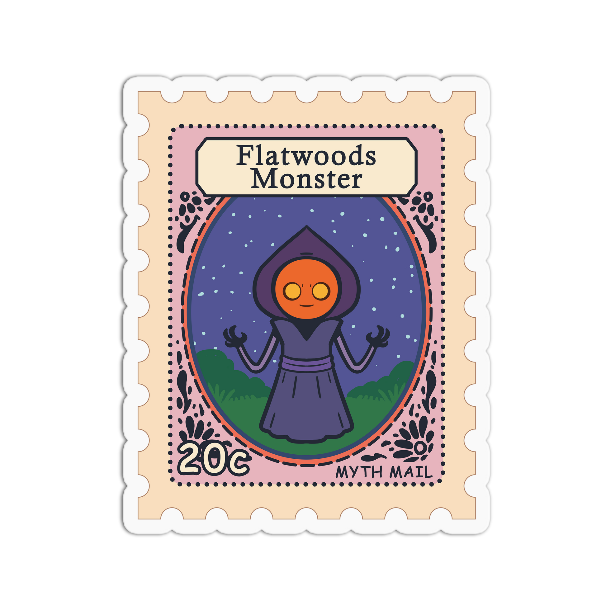 Sticker of the Flatwoods Monster with a purple robe and orange face on a beige border, featuring the text 'Flatwoods Monster' and '20c MYTH MAIL'.