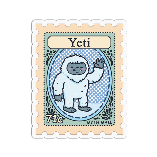 Sticker design resembling a postage stamp with a Yeti illustration on a white background