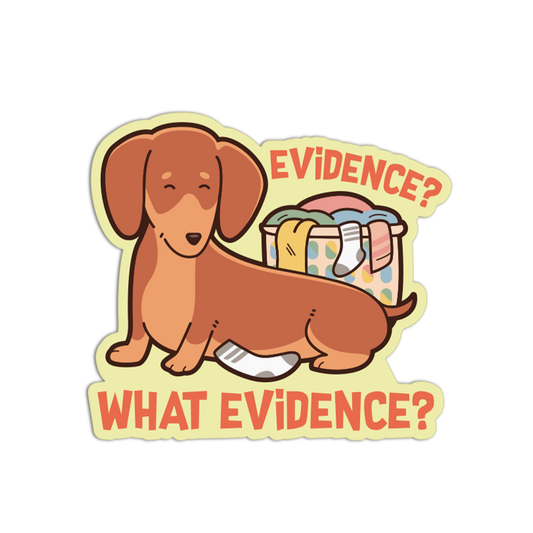 Cartoon dachshund with a book labeled 'EVIDENCE?' and 'WHAT EVIDENCE?' text on a white background.