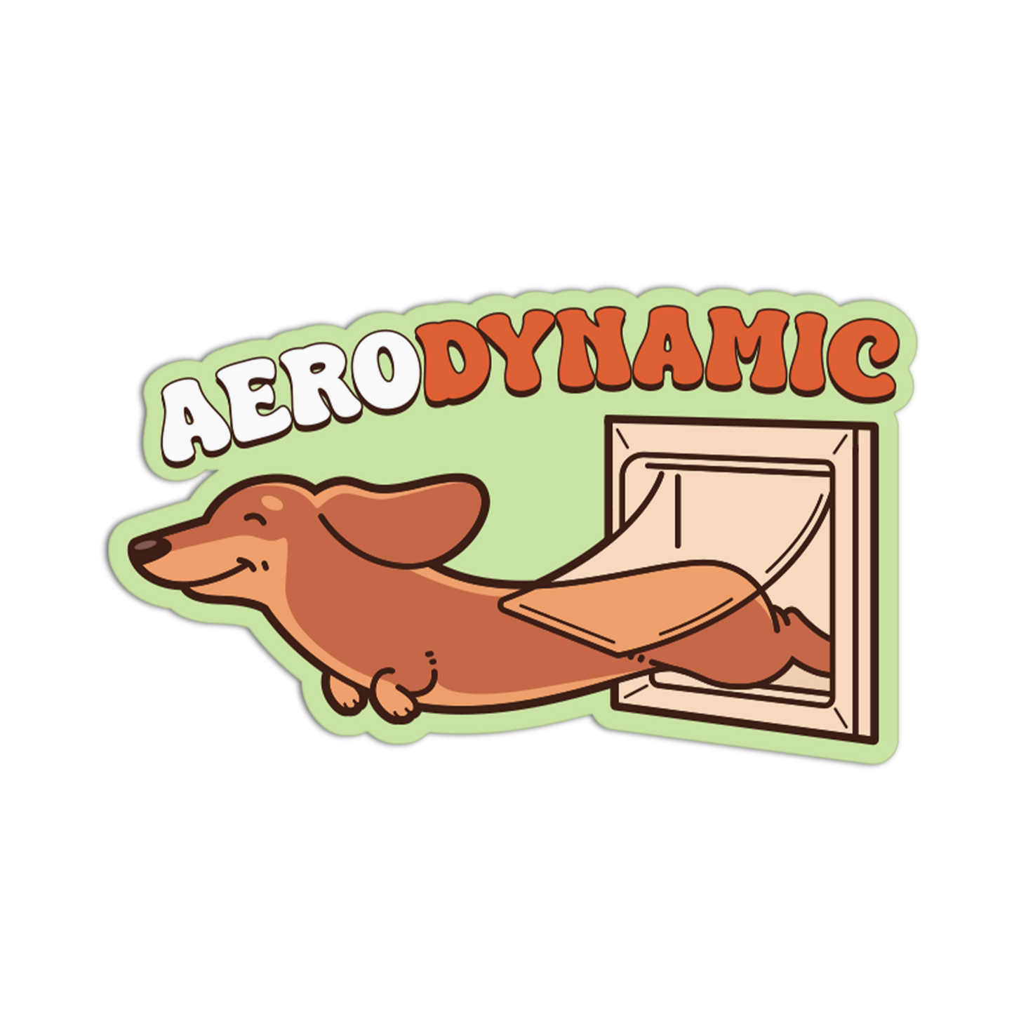Sticker with a cartoon dachshund and 'Aerodynamic' text on a white background