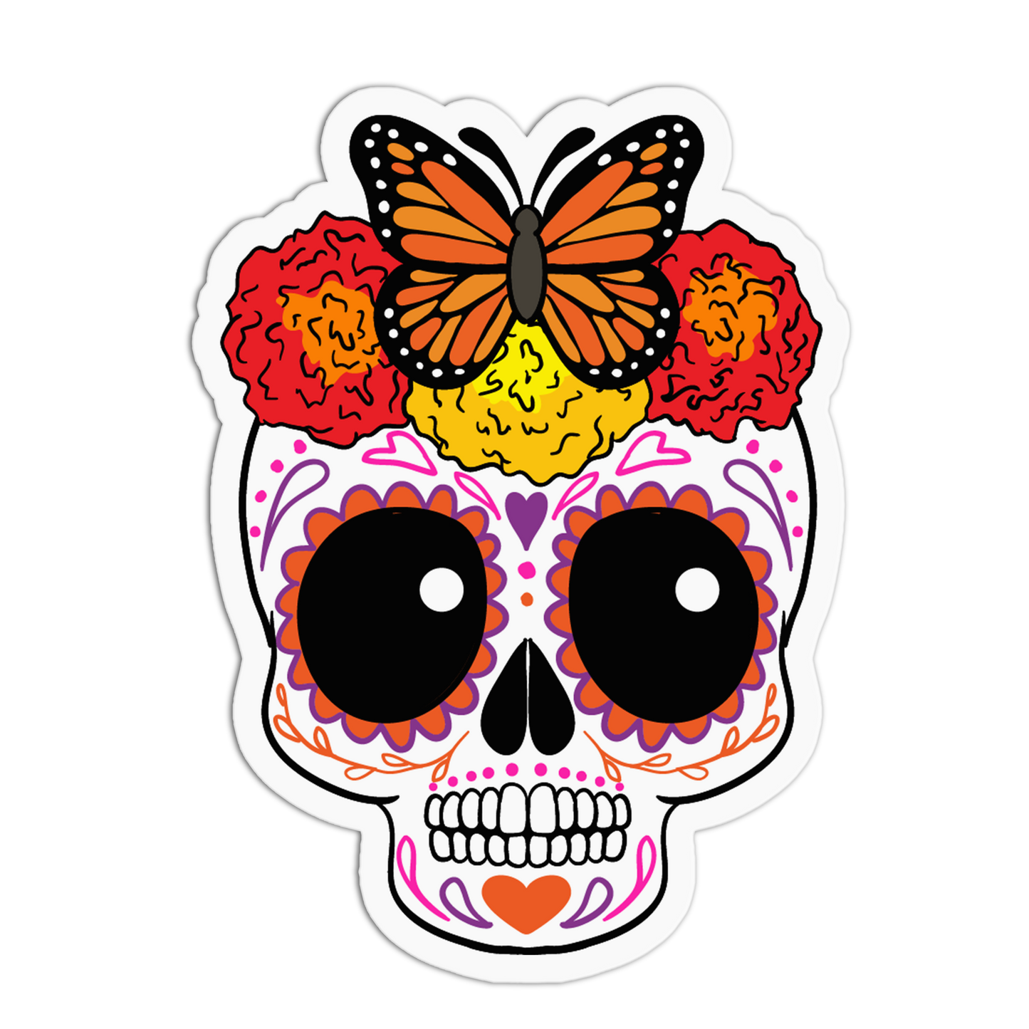 A die-cut sticker featuring a colorful sugar skull with a monarch butterfly on its forehead, surrounded by red and yellow flowers, shown on a plain white background.