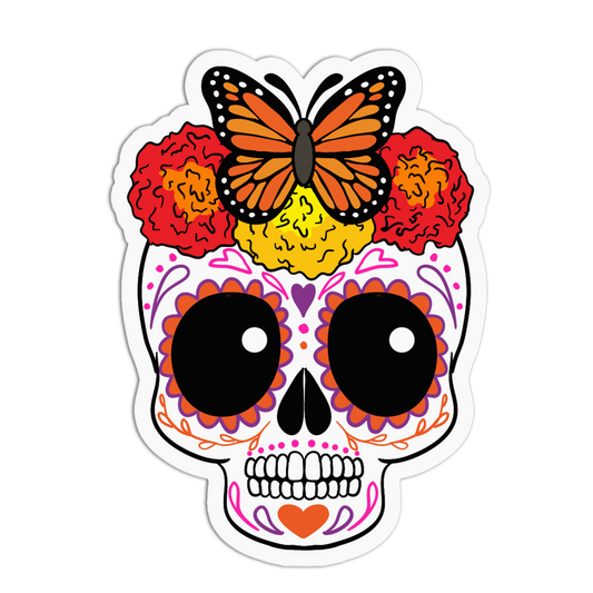 A die-cut sticker featuring a colorful sugar skull with a monarch butterfly on its forehead, surrounded by red and yellow flowers, shown on a plain white background.