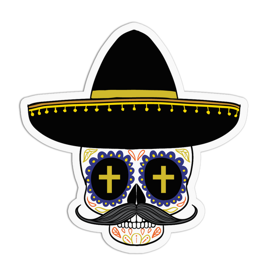 A die-cut sticker featuring a stylized sugar skull wearing a black sombrero with yellow trim and a black mustache, isolated on a white background.