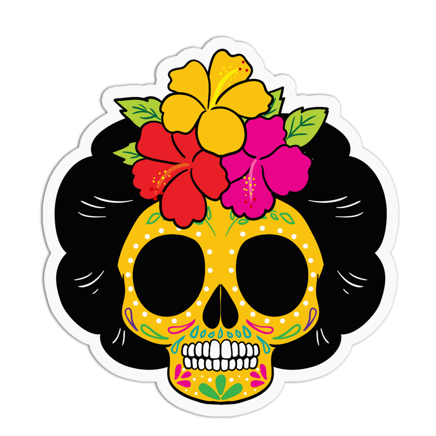 A die-cut sticker featuring a stylized yellow sugar skull with black hair and colorful hibiscus flowers on its head, shown on a plain white background.