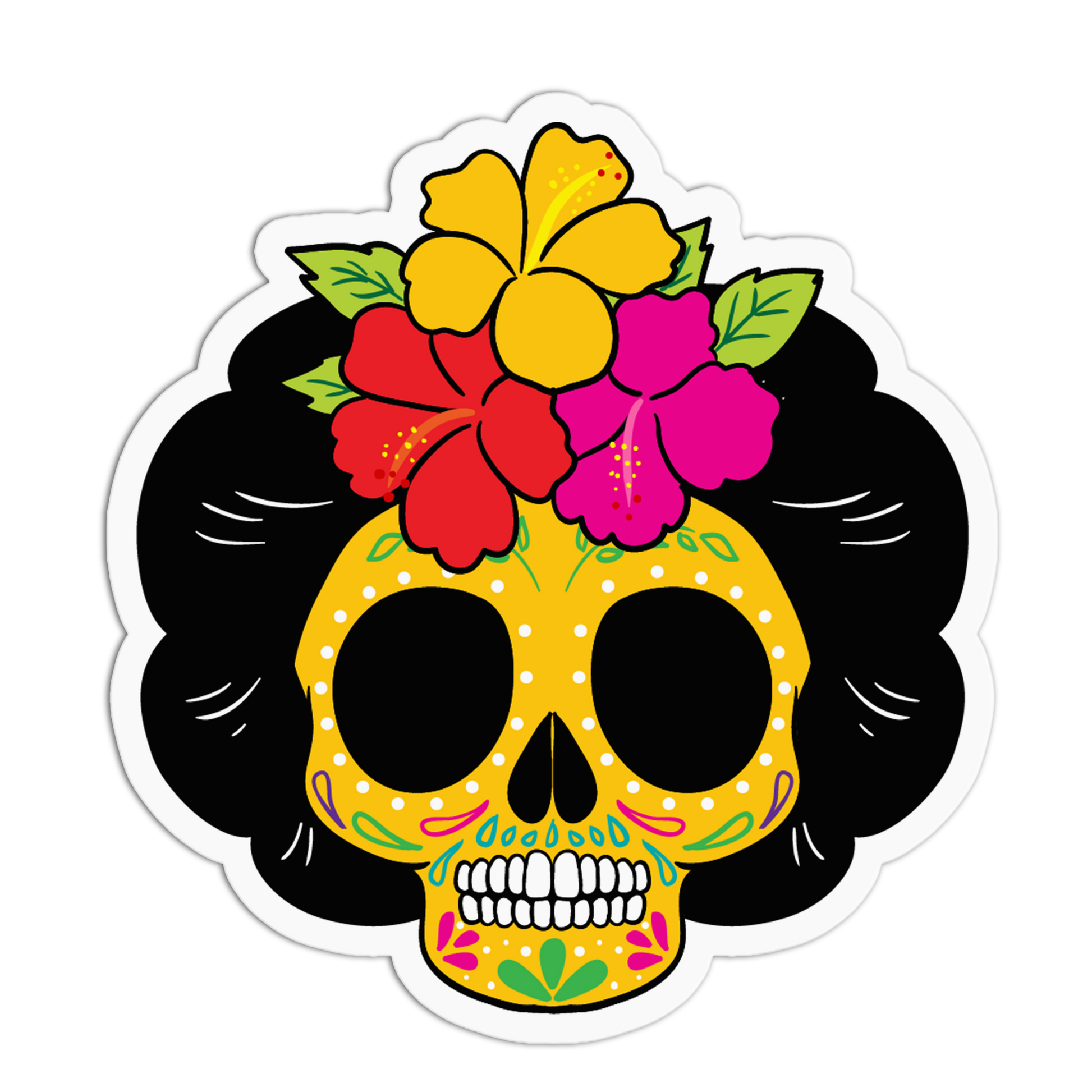 A die-cut sticker featuring a stylized yellow sugar skull with black hair and colorful hibiscus flowers on its head, shown on a plain white background.