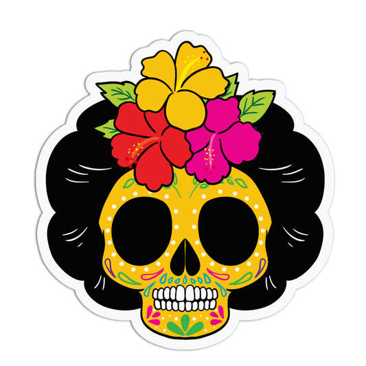 A die-cut sticker featuring a stylized yellow sugar skull with black hair and colorful hibiscus flowers on its head, shown on a plain white background.