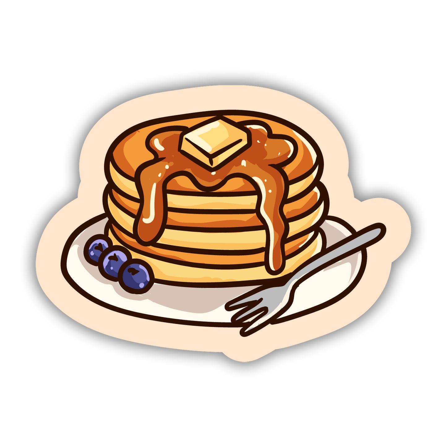 Cartoon illustration of pancakes with syrup, butter, and blueberries on a plate with a fork.