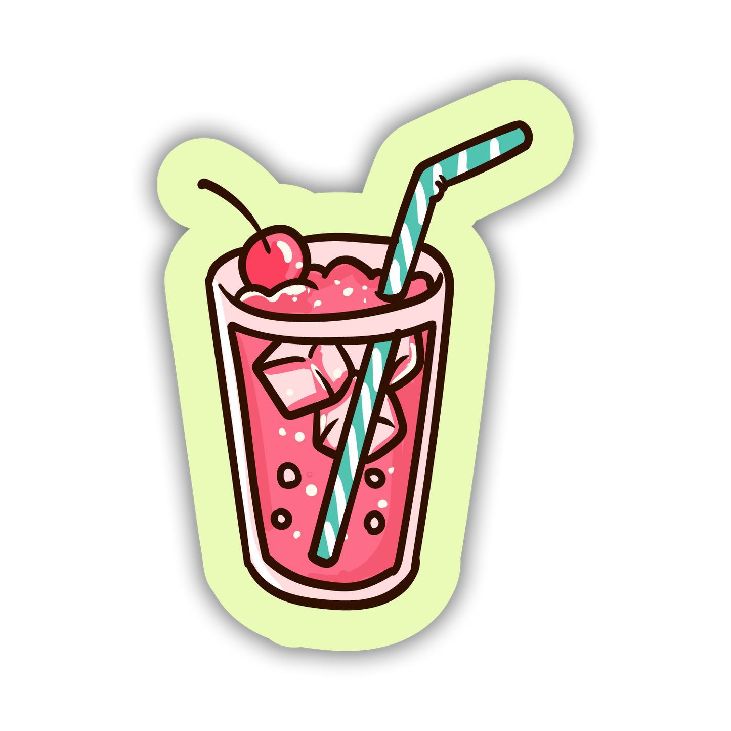 Cartoon-style pink drink with a cherry and straw on a light green border