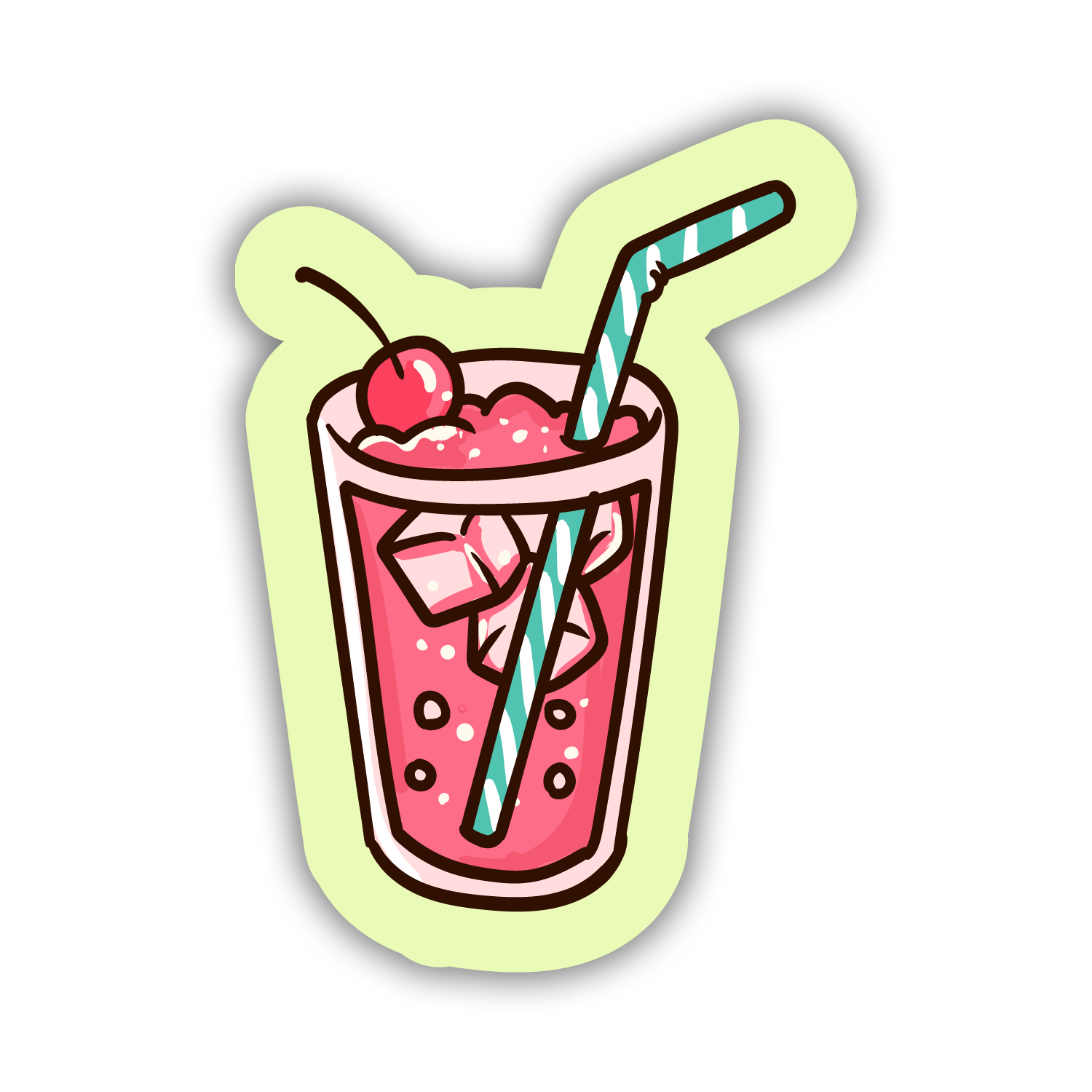 Cartoon-style pink drink with a cherry and straw on a light green border