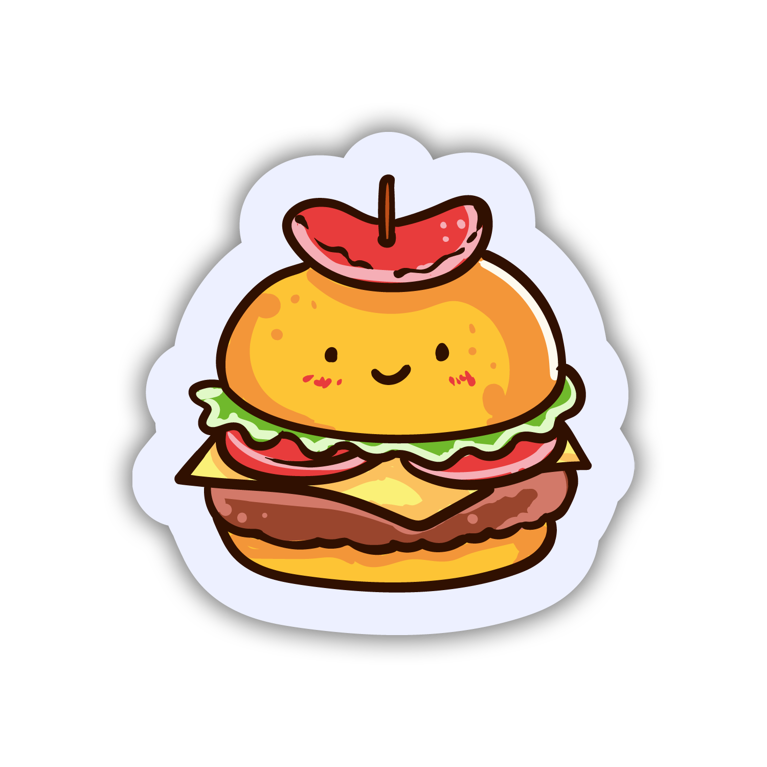 Cartoon hamburger sticker with a smiley face on a white background