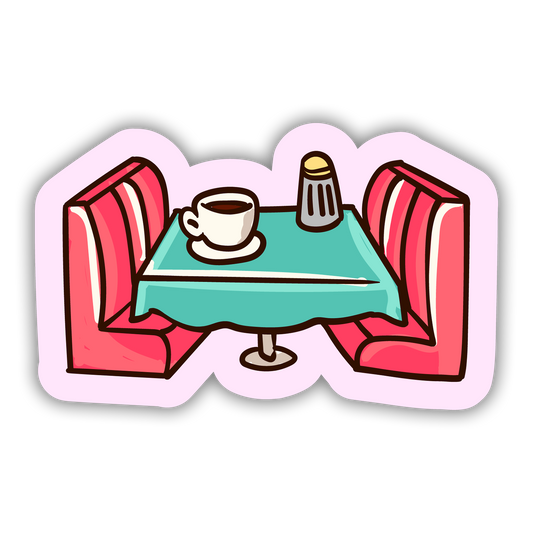 Illustration of a small cafe table with a cup and saucer, salt shaker, and two red chairs on a white background.