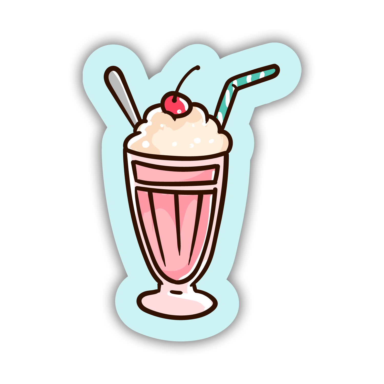 Sticker of a pink milkshake with whipped cream and a cherry on top, on a light blue background.