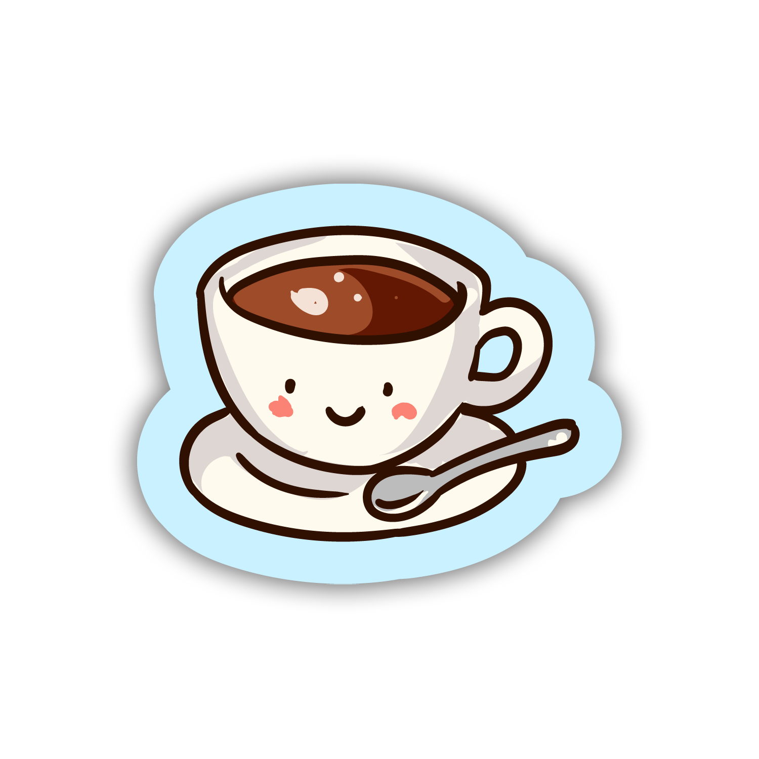 Cartoon coffee cup with a smile on a light blue background