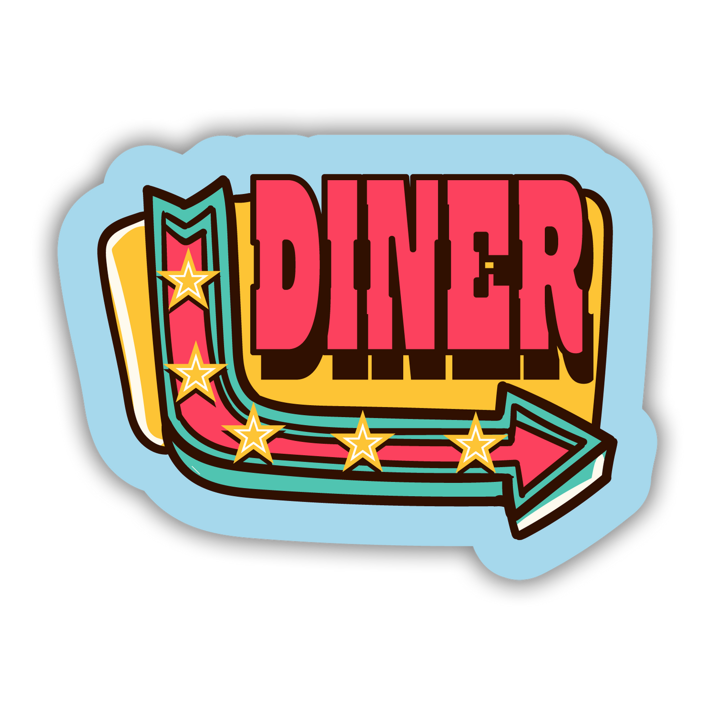 Sticker with 'Diner' text and arrow design on a light blue background