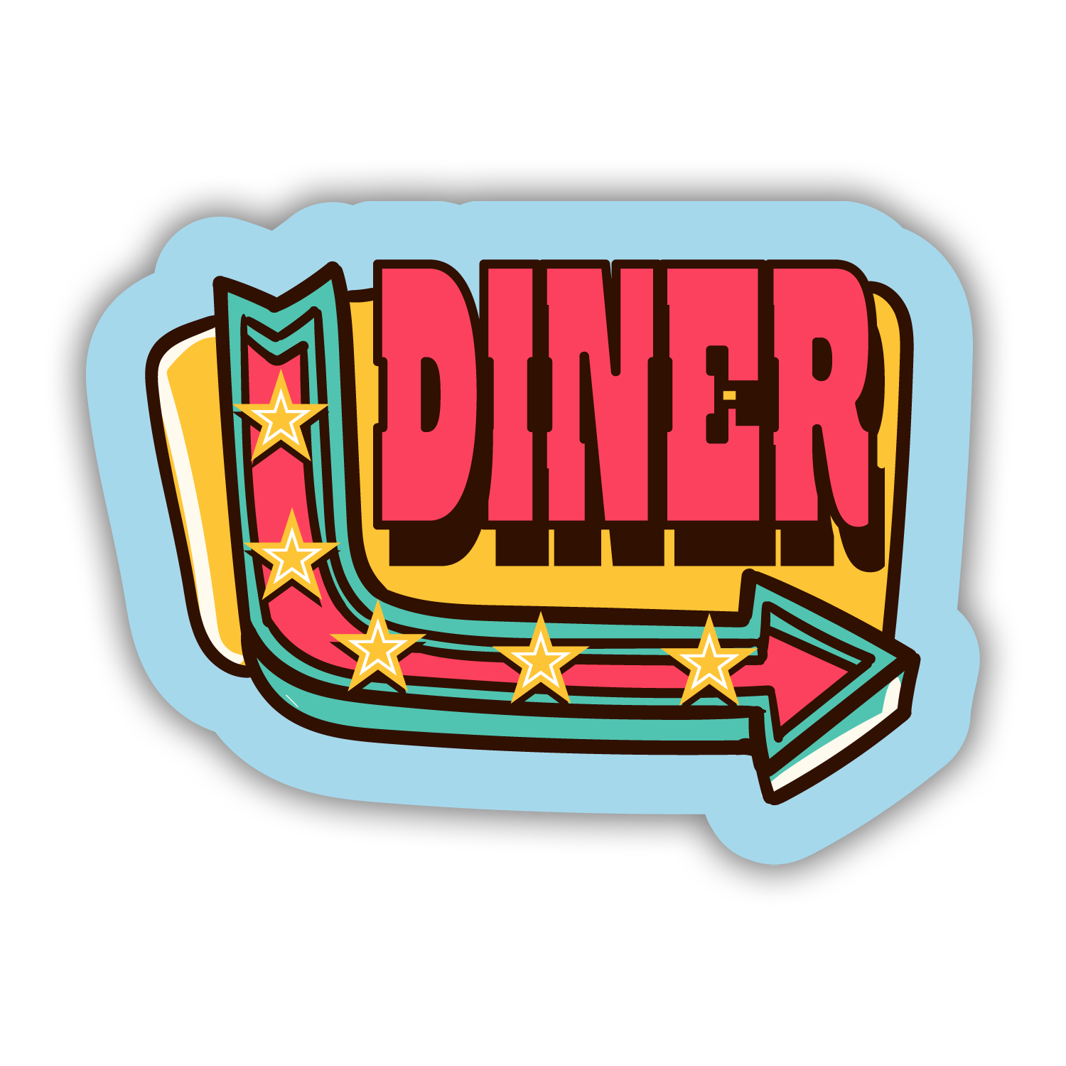 Sticker with 'Diner' text and arrow design on a light blue background