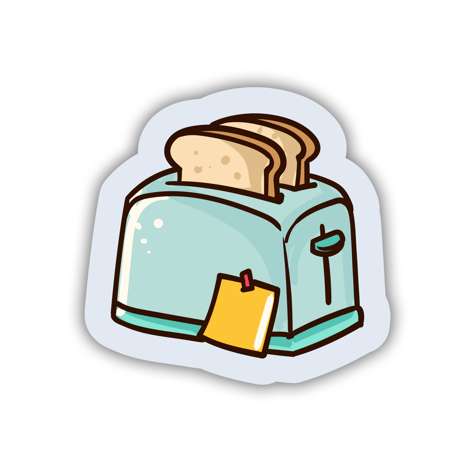 Cartoon-style sticker of a toaster with slices of bread on a white background
