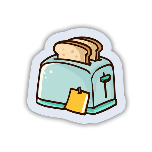 Cartoon-style sticker of a toaster with slices of bread on a white background