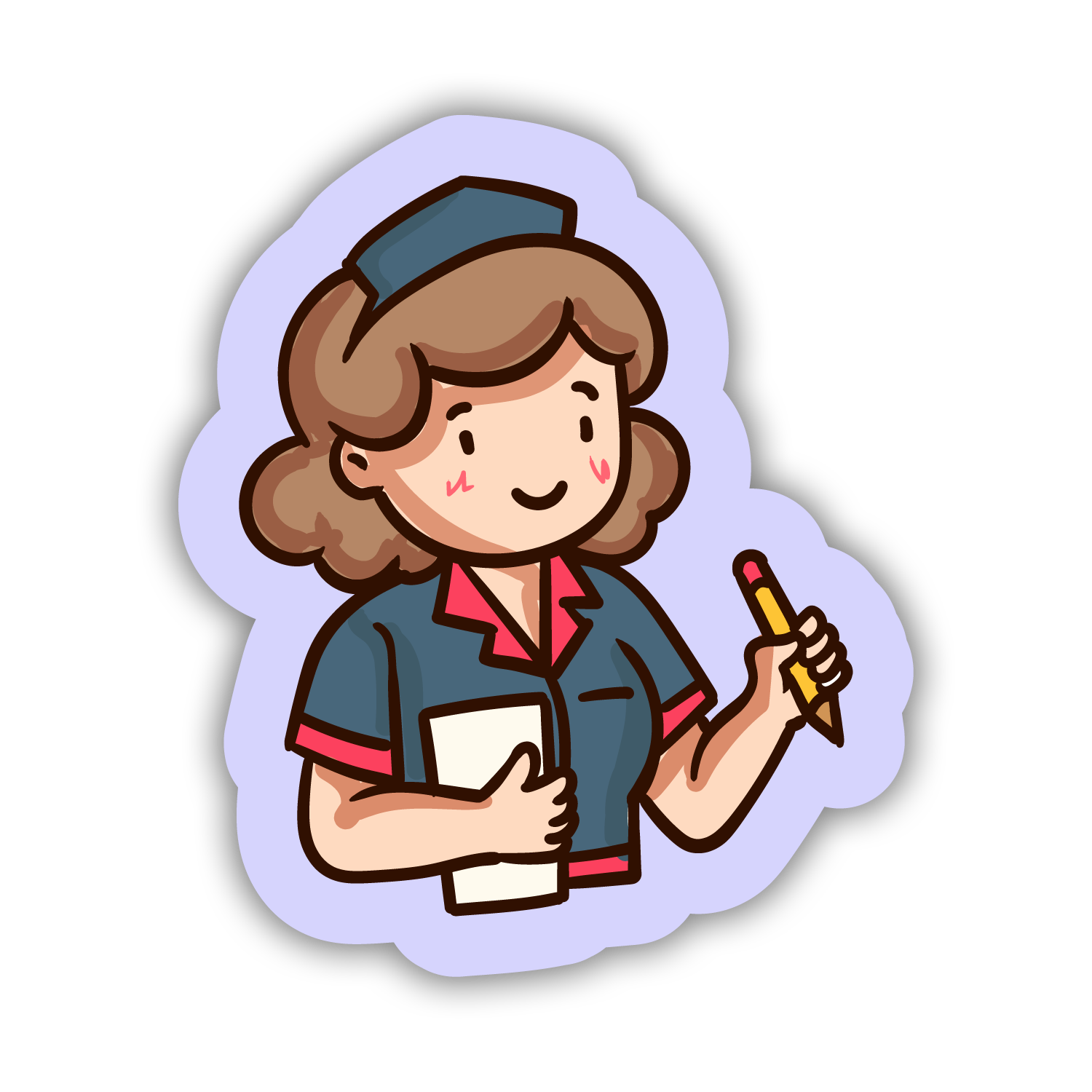 Illustration of a character holding a pencil and paper on a light purple background