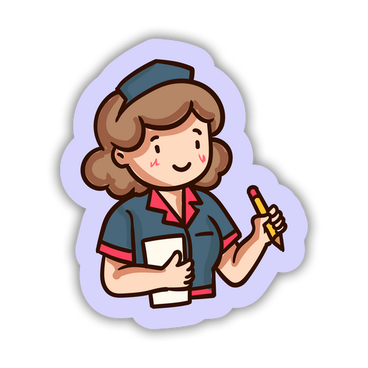 Illustration of a character holding a pencil and paper on a light purple background
