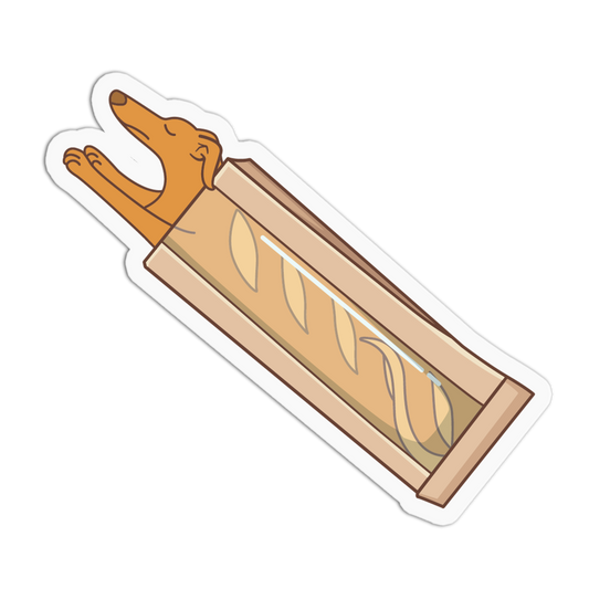 Cartoon dog peeking out from a box of bread on a white background