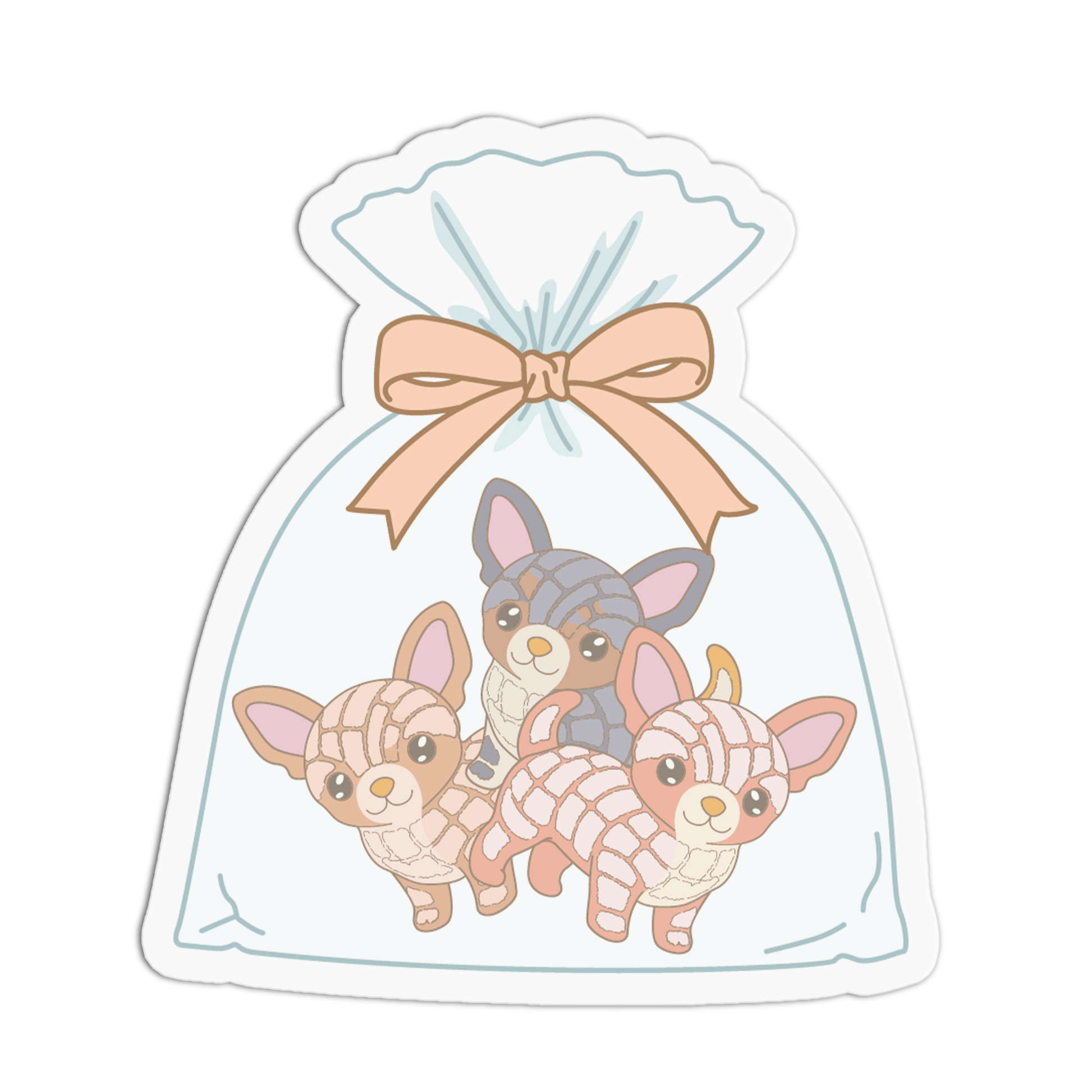 Sticker with three cartoon dogs in a clear bag with a pink bow on a white background