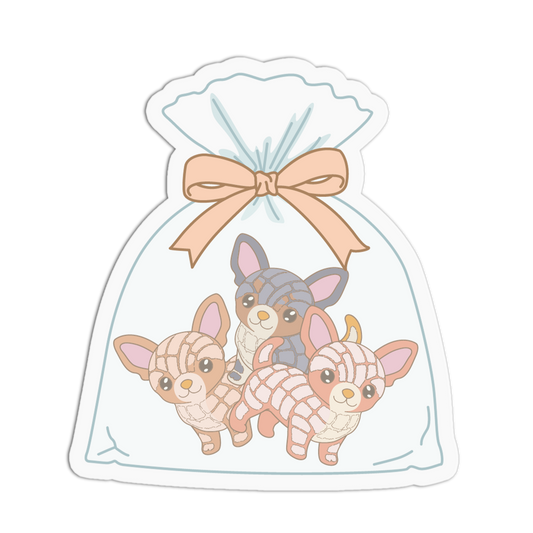 Sticker with three cartoon dogs in a clear bag with a pink bow on a white background