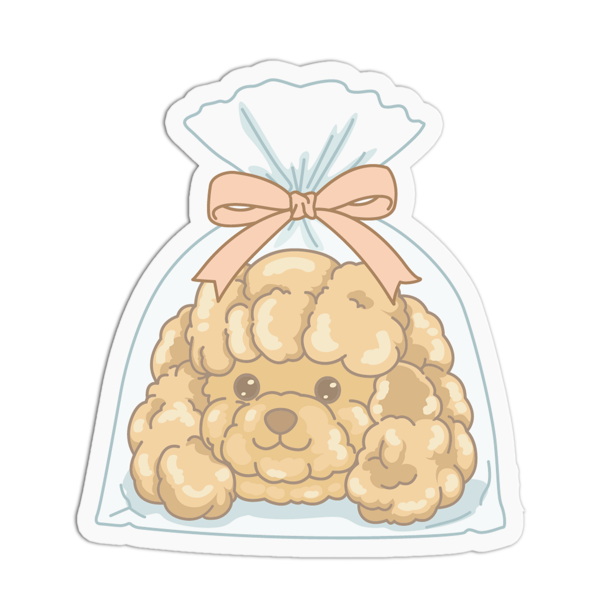 Sticker of a fluffy dog toy in a clear bag with a pink bow on a white background