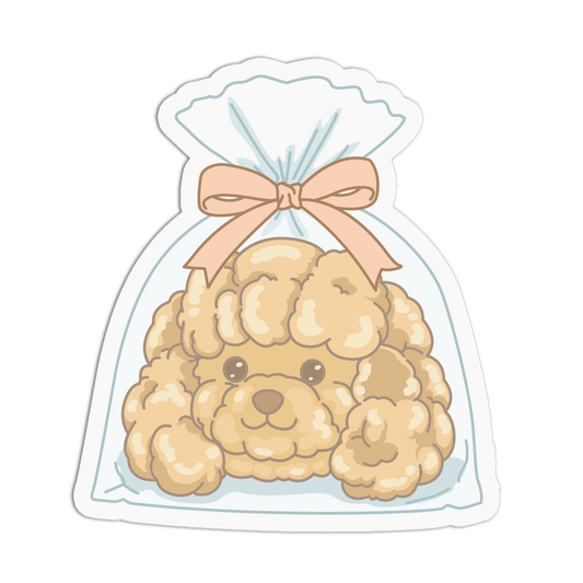 Sticker of a fluffy dog toy in a clear bag with a pink bow on a white background
