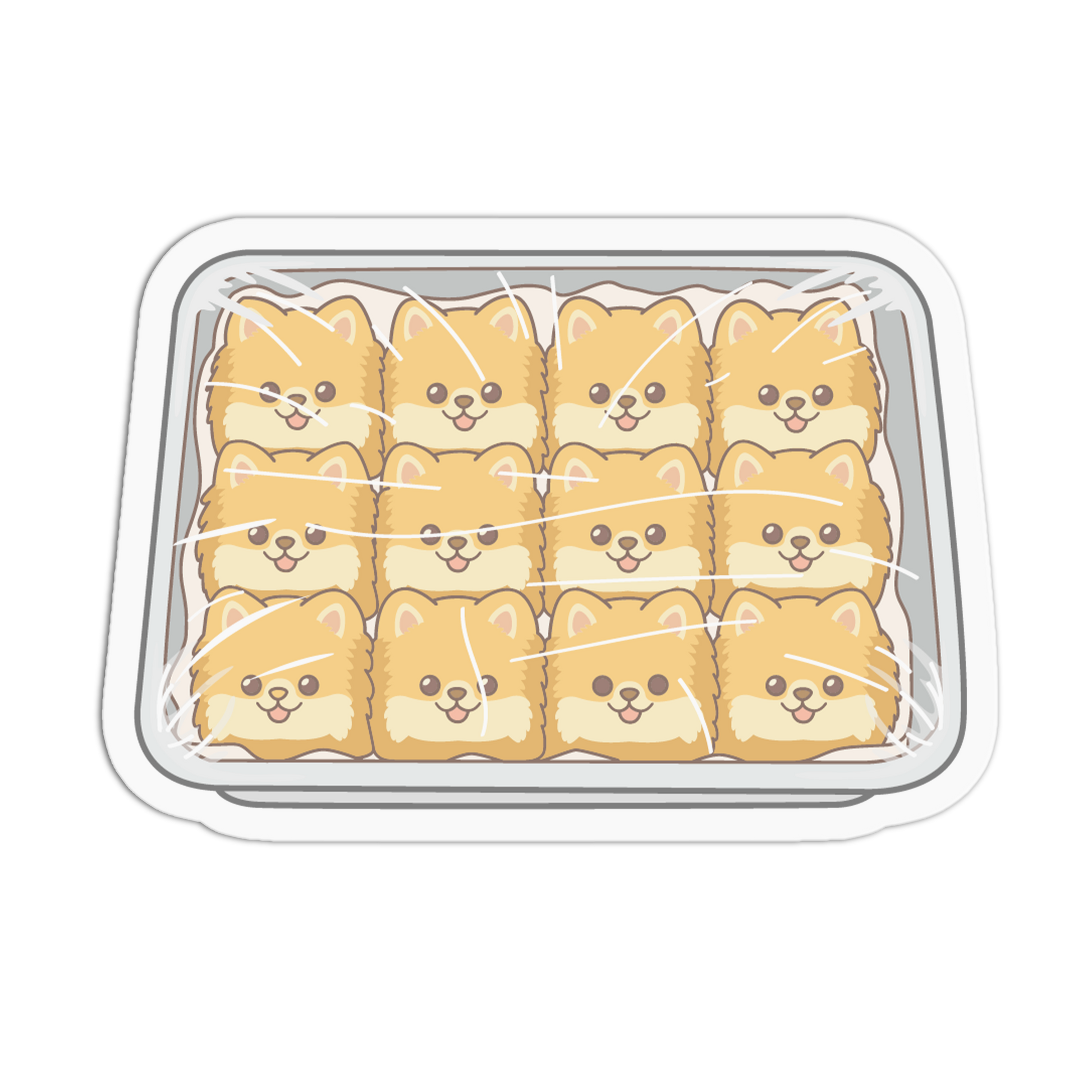 Container with cartoonish dog faces on a white background