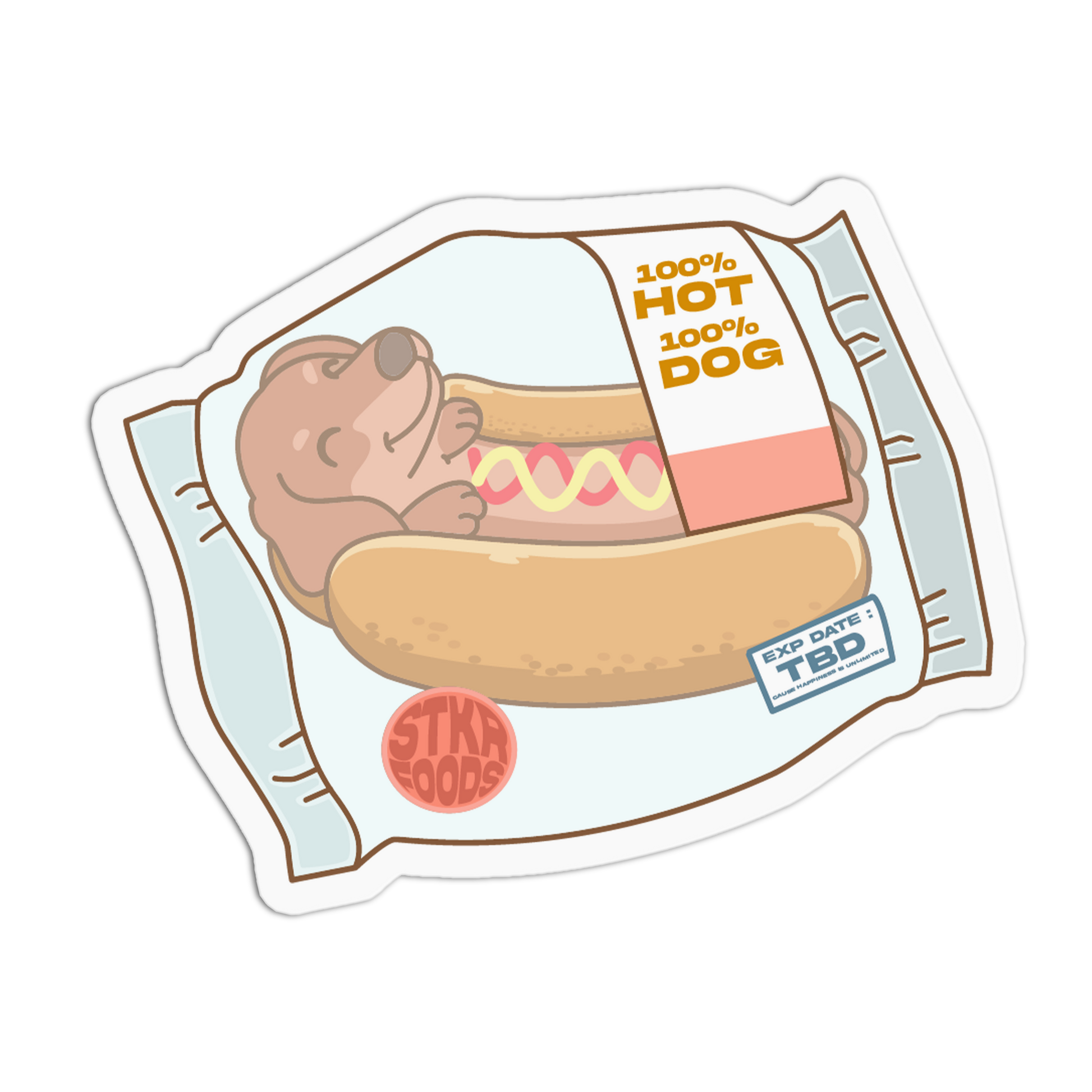 Cartoon hot dog in a packaging with '100% Hot 100% Dog' text on a white background