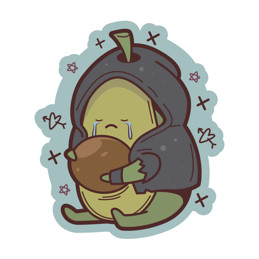 Cartoon character in a hooded cloak hugging a brown object with a blue border and decorative elements.