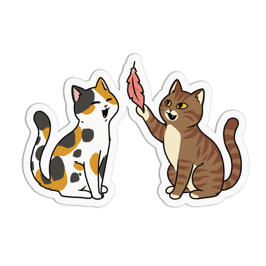 Two cartoon cats, one with a polka dot pattern and the other with a tabby pattern, on a transparent background.