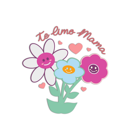 Three smiling flowers with 'Te Limo Mama' text on a white background