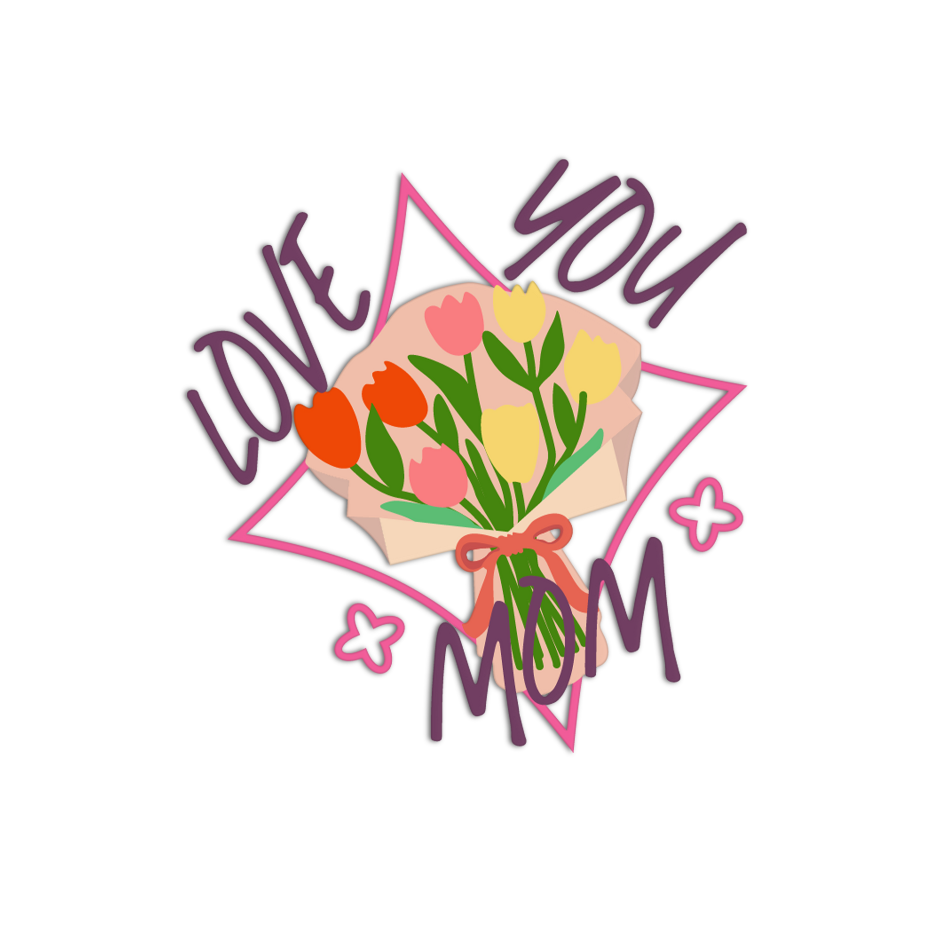 Design with 'Love You Mom' text and a bouquet of flowers on a white background