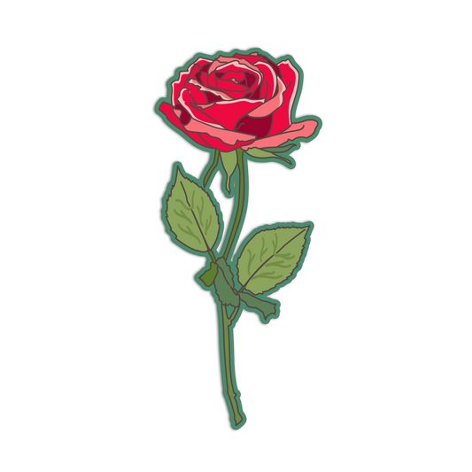 Red rose with green stem and leaves on a white background
