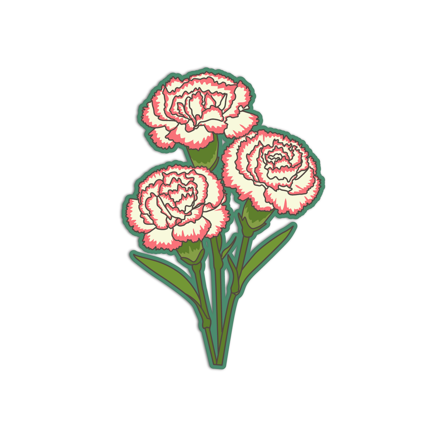 Stylized illustration of a bouquet of pink flowers with green leaves on a white background