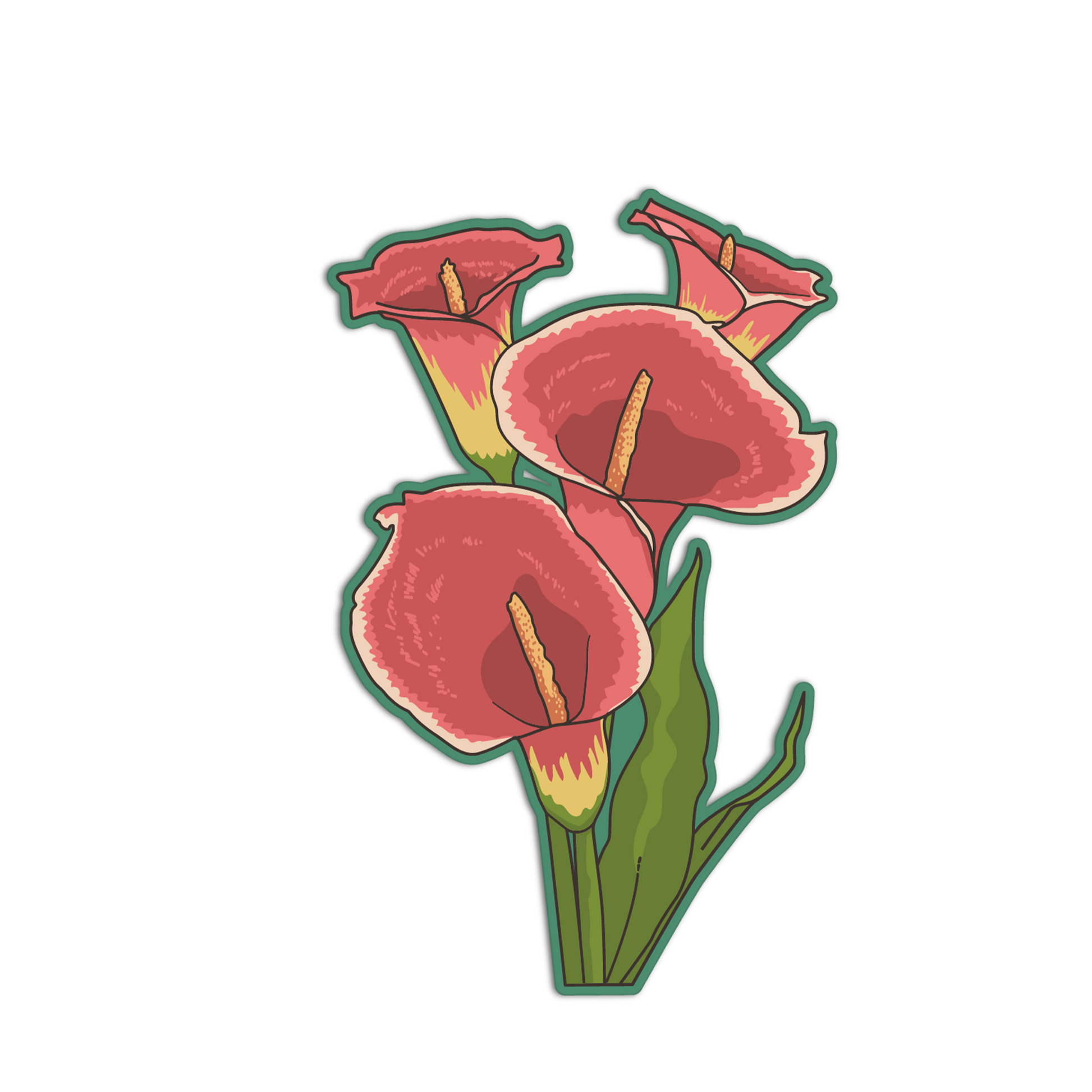 Illustration of three pink flowers with green leaves on a transparent background