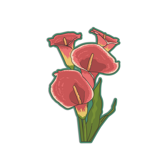Illustration of three pink flowers with green leaves on a transparent background