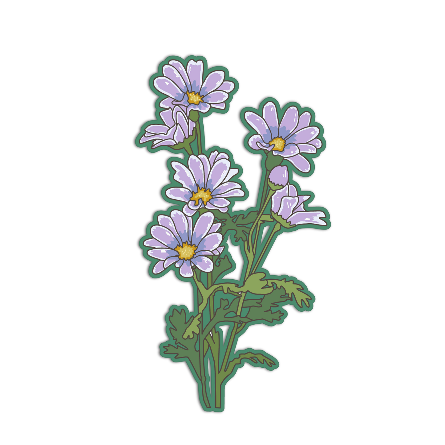 Sticker of a purple flower with green leaves on a black background