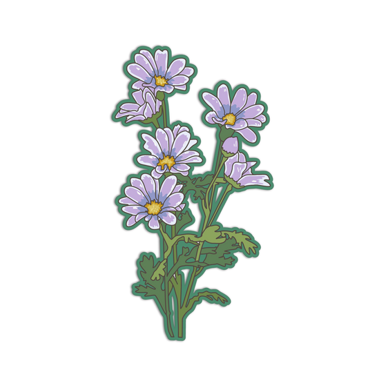 Sticker of a purple flower with green leaves on a black background