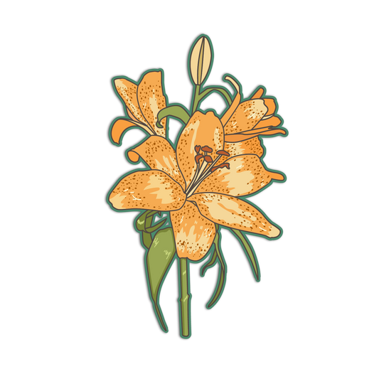 Illustration of an orange flower with green leaves on a transparent background