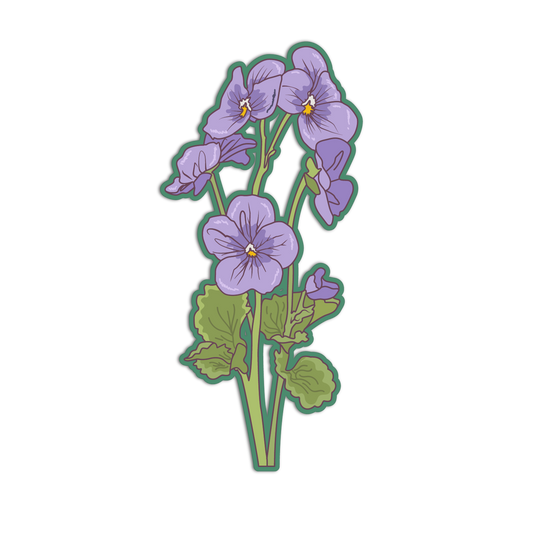 Sticker of purple flowers with green leaves on a white background