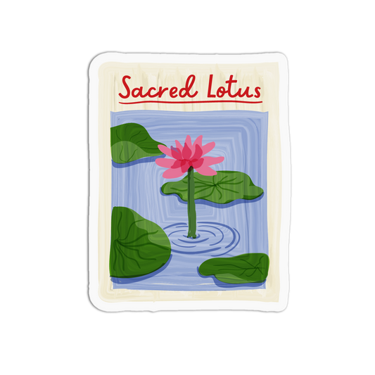 Rectangular floral stamp sticker depicting a pink sacred lotus flower resting on green lily pads over blue water ripples, with "Sacred Lotus" in red script text at the top.