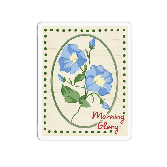 Vintage floral stamp sticker showcasing blue morning glory blossoms inside an oval frame with a dotted green border and "Morning Glory" written in red script.