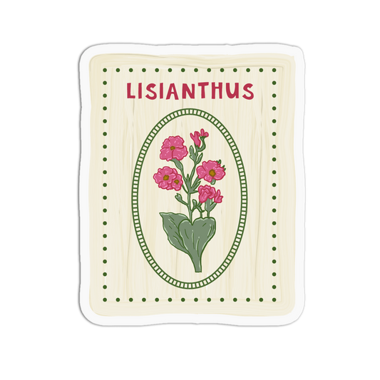 Aesthetic floral stamp sticker showing a stem of pink lisianthus flowers in an oval frame surrounded by a green dotted border with "LISIANTHUS" in bold text above.