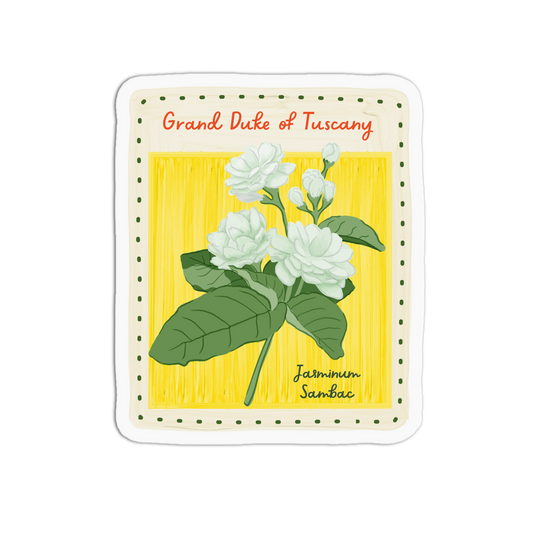 Vintage-inspired floral stamp sticker displaying white jasmine blossoms against a bright yellow background with "Grand Duke of Tuscany" and "Jasminum Sambac" text.