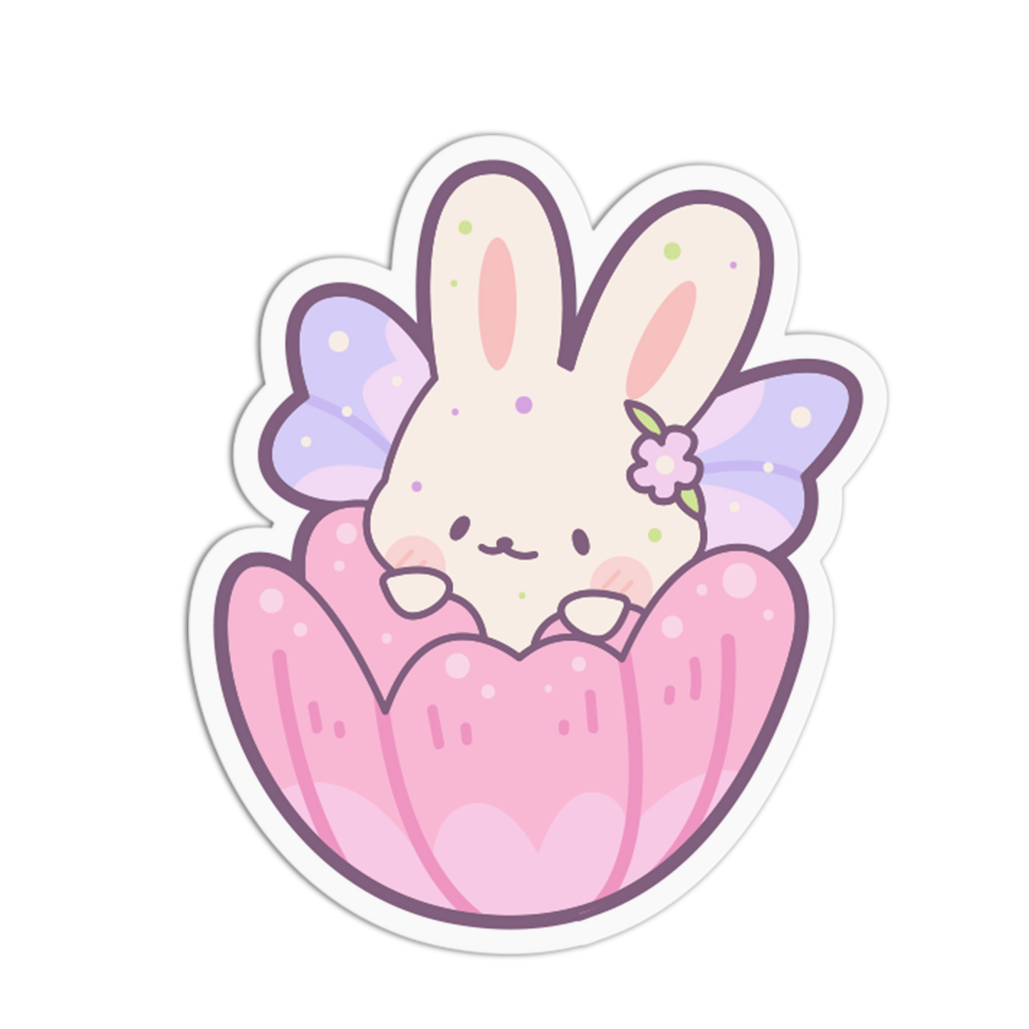 A cute die-cut sticker featuring a small cream-colored bunny with pink inner ears, purple butterfly wings, and a small pink flower on its head, sitting inside a pink lotus flower. The sticker has a white border and is shown on a plain white background.