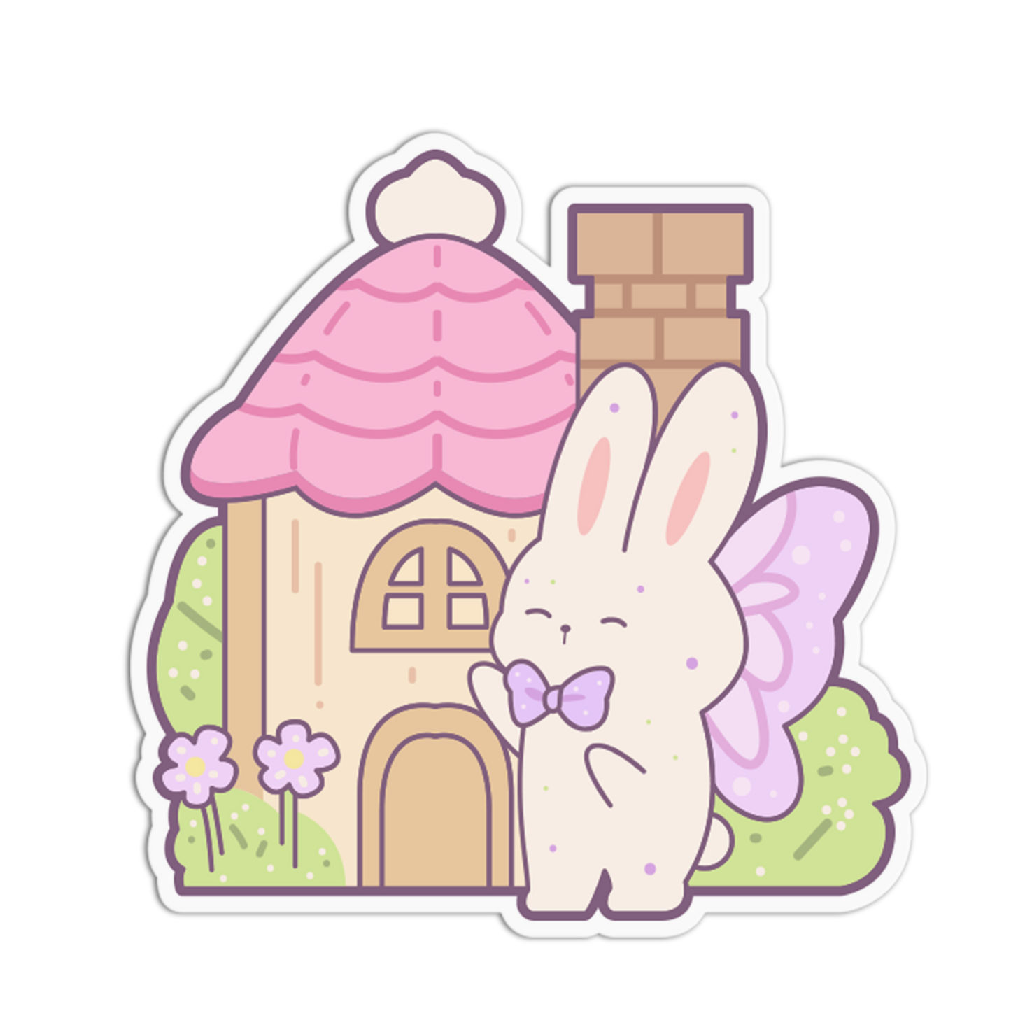 A cute cartoon sticker or decal showing a small house with a pink roof, a cream bunny with pink wings and a purple bow tie, and a brown chimney, all on a white background with a die-cut outline.