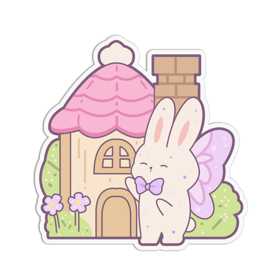 A cute cartoon sticker or decal showing a small house with a pink roof, a cream bunny with pink wings and a purple bow tie, and a brown chimney, all on a white background with a die-cut outline.